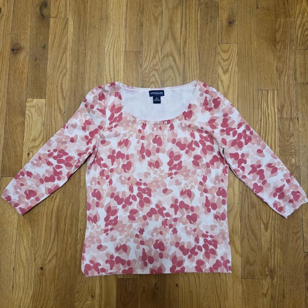 Ann Taylor Pink and White Splash 3/4 Sleeve Cardigan‎ Silk Blend Size M